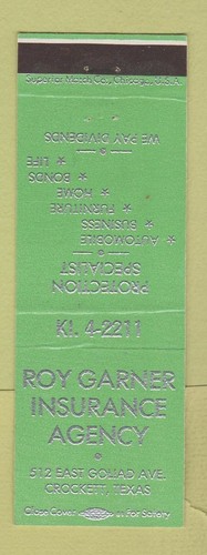 Matchbook Cover - Roy Garner Insurance Crockett TX | eBay