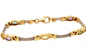 Bracciale Vintage 14k Oro Bicolore Multicolore Gemma Pietra Estate 7" Pollici - Foto 1 di 4