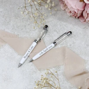 Personalisierte gravierte Hochzeit Signatur Kugelschreiber blaue Tinte weiß & silber Stift - Bild 1 von 13