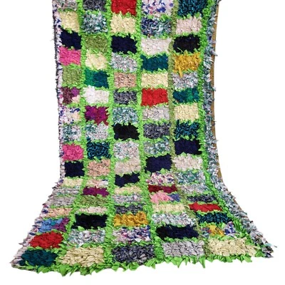 Vintage Handmade Moroccan Fringe Rug 6'3"x3'1" Colorful Patchwork Design Carpet - Image 1 of 4