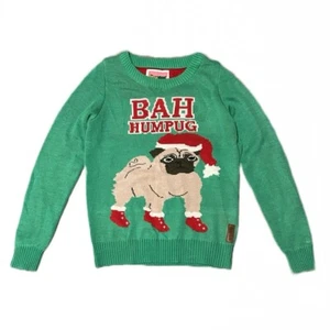 Suéter Tipsy Elves Bah Hum Pug Feo Navidad Pequeño Verde Rojo Crew Pullover - Imagen 1 de 6