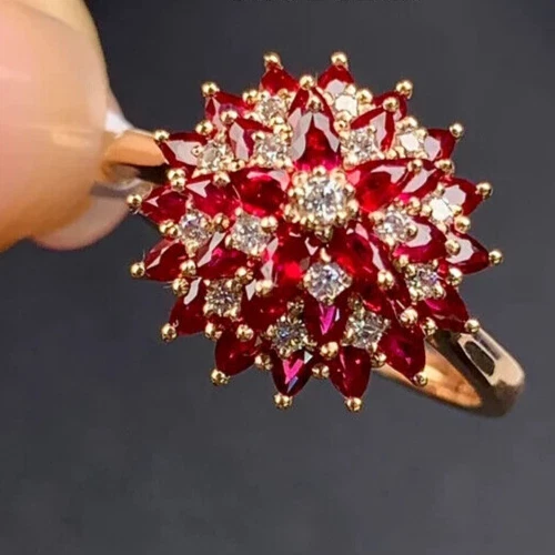 2Ct Pear Lab-Created Ruby Diamond Women's Cluster Ring 14K Yellow Gold Plated Foto 1 de 1