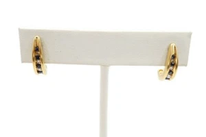 14k Yellow Gold Sapphire Diamond J Hoop Earrings - Picture 1 of 11