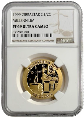 1999 Gibraltar 1/2 oz Crown Gold Millenium 2000 Coin NGC Proof 69 Ultra Cameo - Image 1 of 2