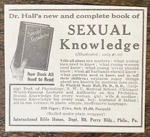 1911 Dr Winfield S Hall's Book of SEXUAL KNOWLEDGE Vtg Print Ad~Int.Bible House - Imagen 1 de 2