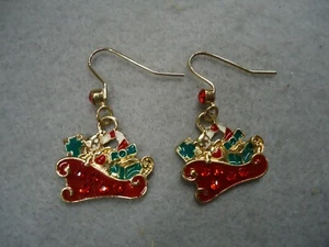 Vintage bunte Ohrringe Emaille Strass Weihnachten Schlitten Winter Urlaub - Bild 1 von 4