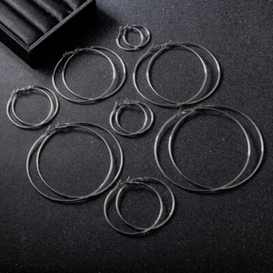 Big Round Hoop Earrings 316L Stainless Steel Women's Silver Jewellery 30mm-100mm - Picture 1 of 6