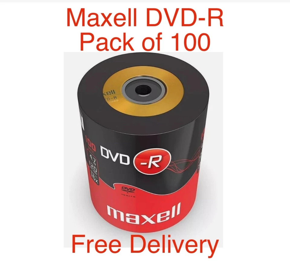 100 x  GENUINE Maxell DVD-R 16x 4.7GB Blank DVD Media Discs Shrinkwrap Pack - Image 1 of 2