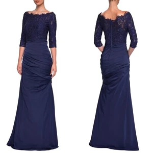 NEW LA FEMME Navy SPARKLE LACE Satin Scallop RUCHED Evening Dress TRUMPET GOWN 8 - Picture 1 of 10