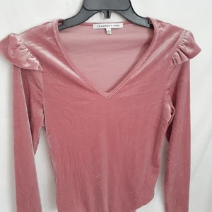 Damen Promi Rosa Langarm Samt Body Größe Small Rüschen Schulter - Bild 1 von 8