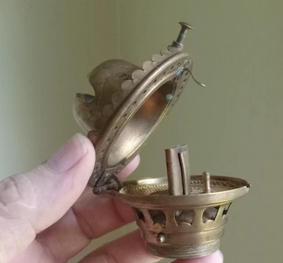 MILLER EMB SUN & MOON BRASS NO.2 HINGED TOP LIP BURNER WITH ODD RING WICK KNOB - Image 1 of 4