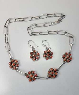 Conjunto de brinco de fio colar nativo americano prata esterlina coral olho de cobra Zuni - Imagem 1 de 4