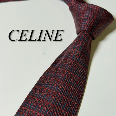 Celine Silk Tie Red & Navy All-Over Pattern 85cm Wide Excellent Used - Image 1 of 4