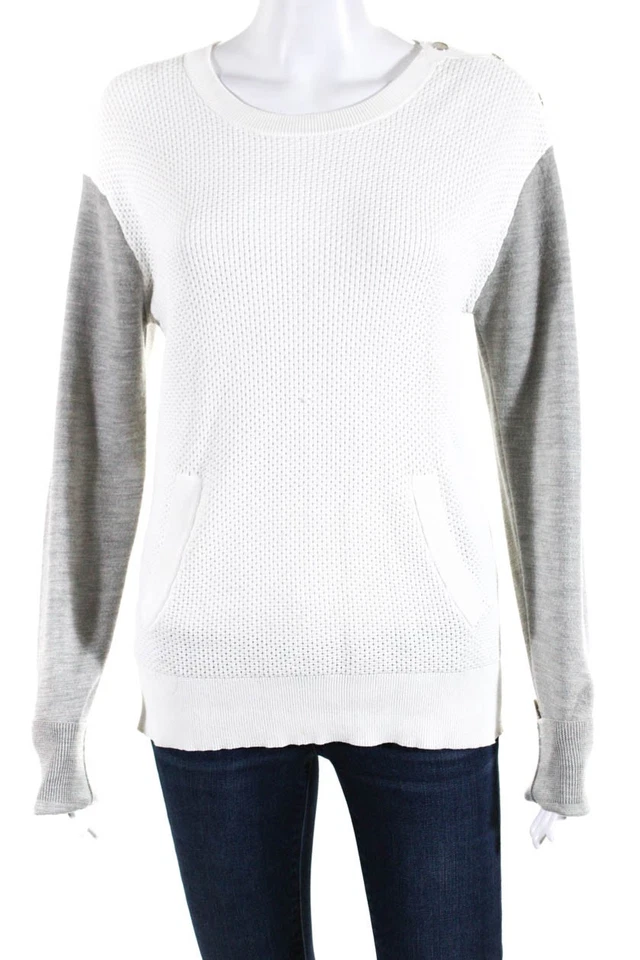 Suéter ALC Para Mujer Bolsillo Front Cuello Redondo Blanco Gris Lana Talla Mediana Foto 1 de 4