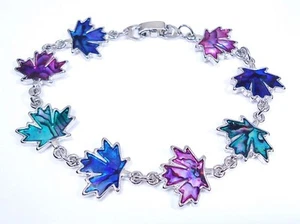 Colorful Maple Leaf Bracelet Paua Shell Inlay 7.5" - Picture 1 of 1