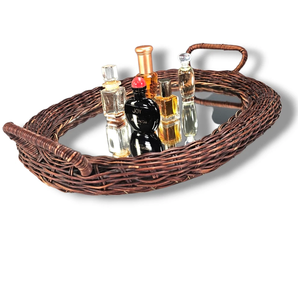 Bandeja de tocador de ratán de mimbre marrón oscuro de colección años 70 espejo ovalado vidrio boho retro 13,5 Foto 1 de 4