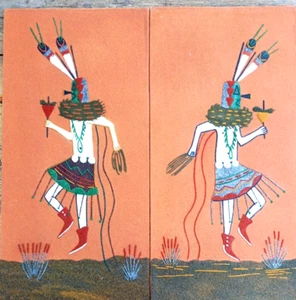 Vintage Pair Of Navajo Sand Paintings Signed Male Night Chant 8 in & Yei 6 in - Picture 1 of 8