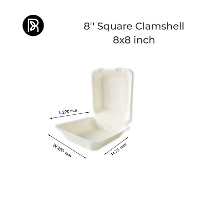 Biodegradable Bagasse Takeaway Food Containers Compostable Clamshell Box 8" x 8" - Image 1 of 4
