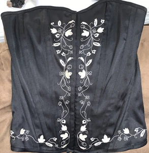 CORSET BLACK W/EMBROIDERED FLORAL DESIGN LACE UP BACK JUNIOR SZ L - Picture 1 of 3