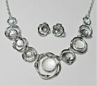 Necklace + earrings, circles, white + grey enamel,  20" + 2"