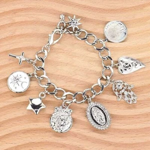Silver Chain Link Lady Guadalupe Cross Hamsa Heart Star Religious Charm Bracelet - Picture 1 of 5