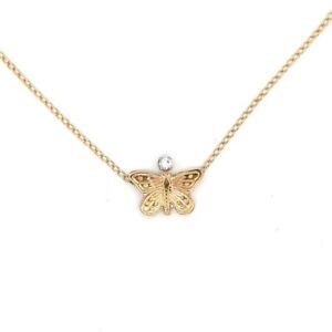14K Yellow Gold Diamond Petite Butterfly Pendant w/ 15" Curb Link Chain Necklace