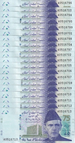 Pakistan 75 Rupees 2023 P 57 Blue 75th Comm. UNC Lot 20 Pcs Cover