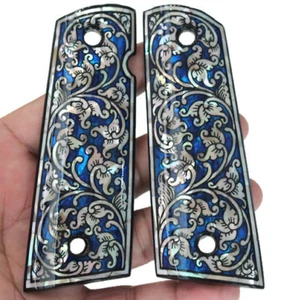 1911 EMPUÑADURAS MAGWELL TAMAÑO COMPLETO AJUSTE POTRO KIMBER RUGER TAURUS FLOR AZUL PERLA DE ARTE - Imagen 1 de 24