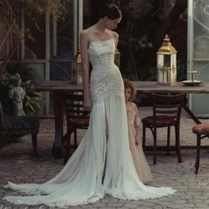 Sexy Tulle Sheath Wedding Dresses Strapless Lace Applique Slit Bridal Gown Train - Picture 1 of 6