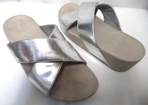 Fitflop Lulu Leather Silver crisscross wedge comfort sandals slides Size Sz 8 - Picture 1 of 20