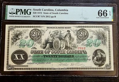 1872 $20 State of South Carolina Columbia PMG 66 Gem UNC EPQ Revenue Bond Scrip  - Image 1 of 2
