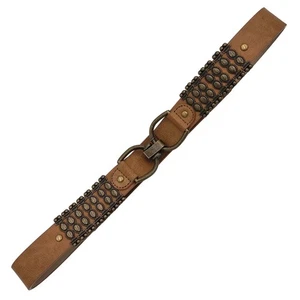 Women's S/M Adjustable Stretch Tan Boho Belt Antique Gold Charm Horsebit Clip - Picture 1 of 3