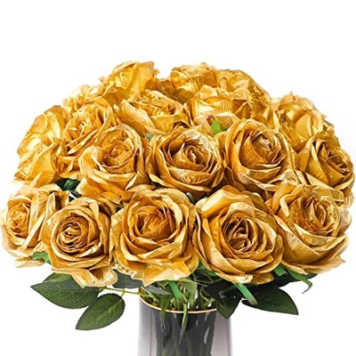  10 Pcs Artificial Gold Flowers Silk Roses Real Touch Blooming Rose - Gold - Image 1 of 4
