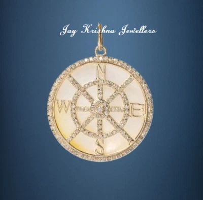 10K Solid Gold Radiant Diamond Compass Direction Mother Of Pearl Dainty Pendant - Image 1 of 2