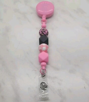 DIY Pink Black Animal Print Geometric Shape Silicone Beaded Badge Keychain Clip - Image 1 of 4