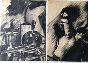 Vintage 1993 2 Panel Diptych Drawing Charcoal Mark Flake Original Signed - Picture 1 of 12