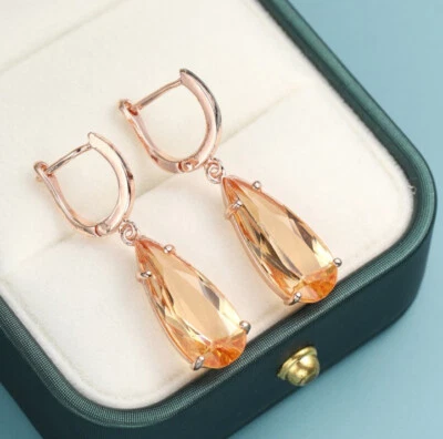Pendientes colgantes de gancho enchapados en oro rosa gemas de morganita con forma de lágrima únicos para mujer Foto 1 de 4