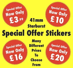 Bright Red 41mm Special Offer Starburst Price Stickers - Point Of Sale Labels - Picture 1 of 21