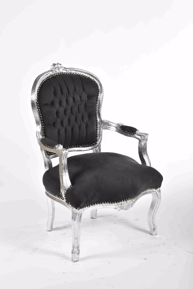 Poltrona sedia con braccioli foglia argento modello Luis Luigi XVI tessuto nero - Immagine 1 di 2