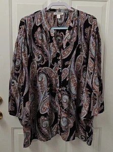 Spense Womens Plisse Paisley Button Up Blouse Multicolor Bell Sleeves Plus Sz 2X - Picture 1 of 5
