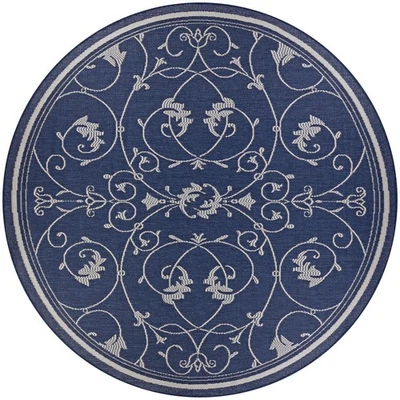 Recife Indoor Outdoor Rug - Veranda 8'6" Round in Ivory and Indigo Blue, Flor... - Image 1 of 4