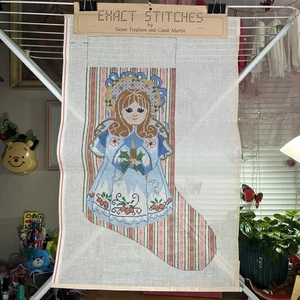 Victorian Angel Christmas Stocking Hand Painted Needlepoint Canvas Doll Pink Vtg - Picture 1 of 9