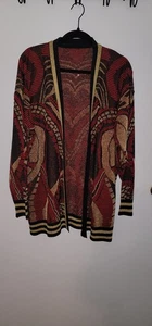 Womens Sz L Metallic Knit Open Front Cardigan Bold Abstract Artsy Red Gold - Picture 1 of 6