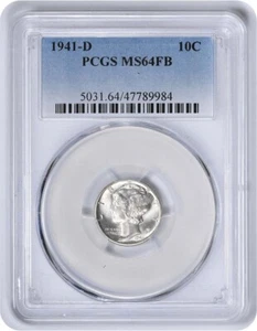 1941-D Mercury Silver Dime MS64FB PCGS - Picture 1 of 2