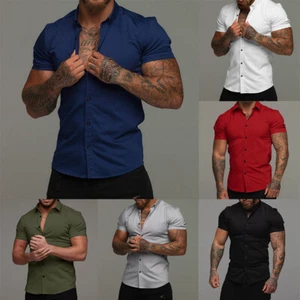 Men's Solid Slim-Fit Button Down Short Sleeve Shirts Blouse Formal Tops Summer ∂ - Picture 1 of 29