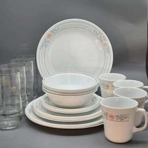 Corelle Apricot Grove 24-Pc Dinnerware Set 1990's W / Salad Plates and Glasses - Picture 1 of 7