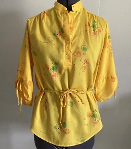 Vintage 70s Yellow Novelty Top Blouse Semi Sheer Tie Sleeve and Belt M-L - Picture 1 of 4