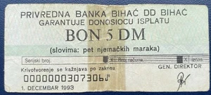 Bosnia, voucher 5 DM - Deutsche mark, Bihac district, local use, RARE - Picture 1 of 3
