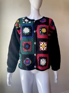 Vintage M Sweater Granny Square Knit Cardigan Gap Cotton 90s Boxy VGUC - Picture 1 of 15