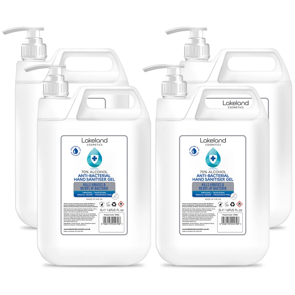 LAKELAND COSMETICS 70% Alcohol Hand Sanitiser Gel With Pump Dispenser 4 x 5L Litre 20L Santizer